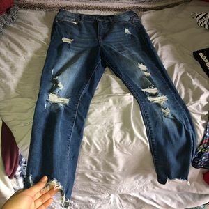 Medium Wash High-Waisted Ripped Cropped Jeggings